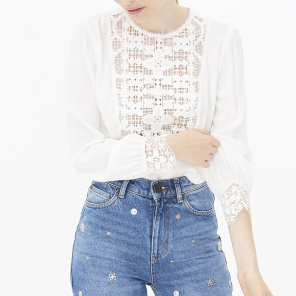 Sandro Paris Casey Lace Crepe Top Blouse Tunic Ecru Creme White Sz 2 - Picture 2 of 10
